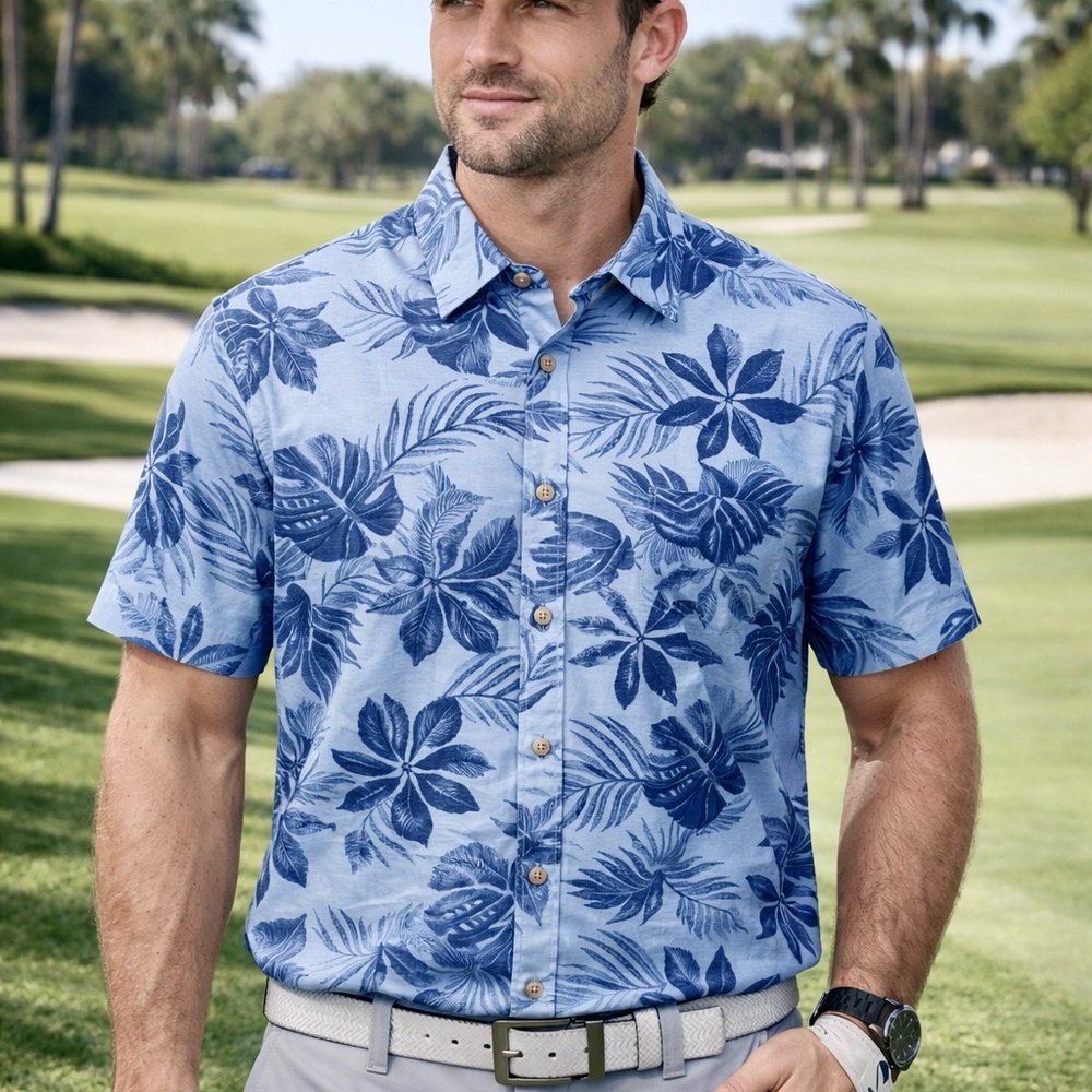 TravisMathew Caldera Blue Hawaiian Palm Print Short Sleeve Shirt Large